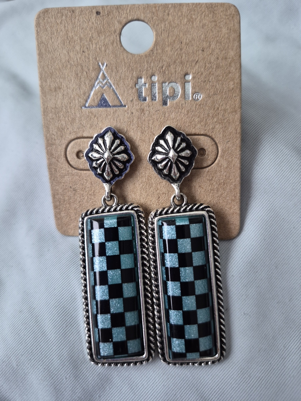 Tipi Silver-Tone Checkerboard Drop Earrings in Teal & Black